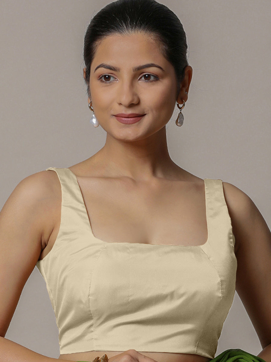 Zeba x Rozaana Saree Blouse, in Cream Vegan Silk, featuring sleeveless and square neckline, made for party & festive (view 7).