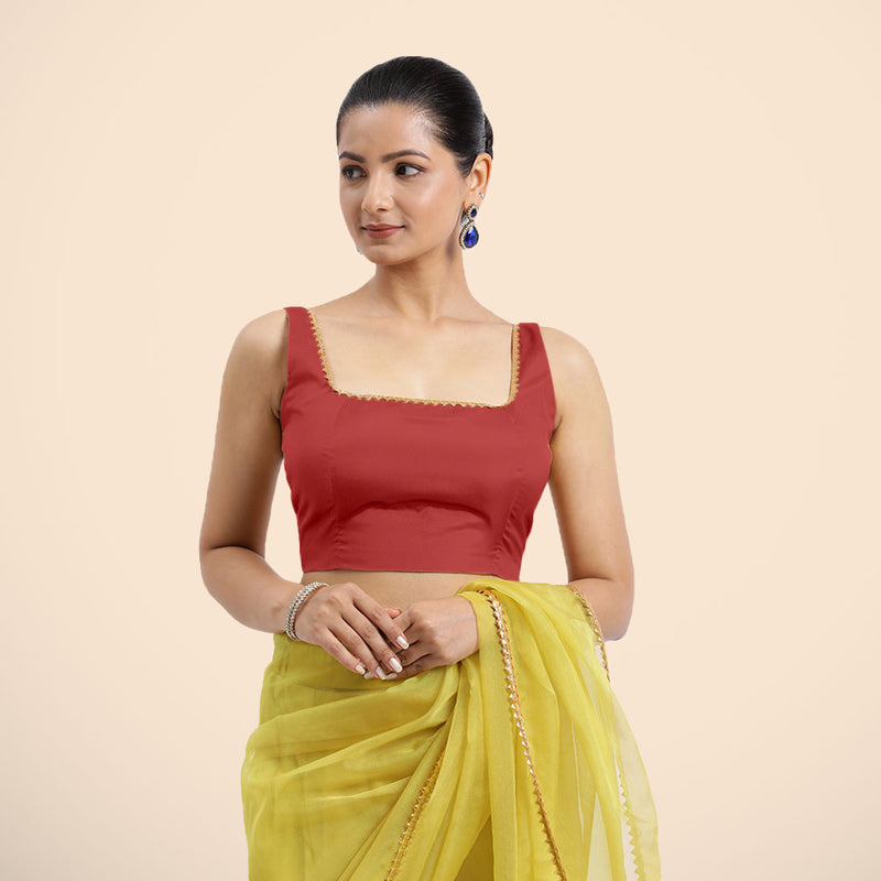 Zeba x Tyohaar | Crimson Red Sleeveless FlexiFit™ Saree Blouse with Square Neck with Golden Gota Lace and Deep Back-Binks