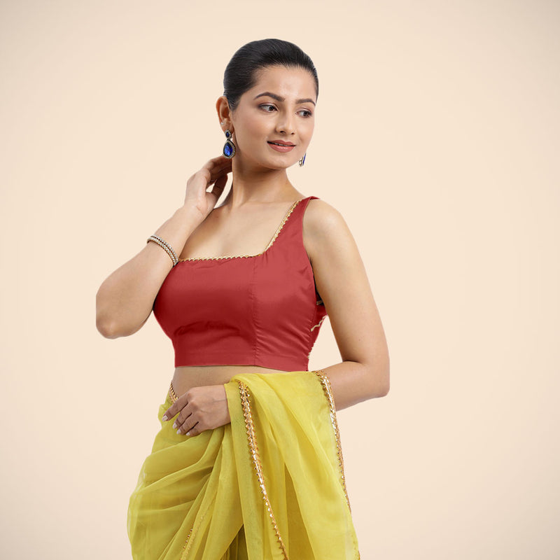 Zeba x Tyohaar | Crimson Red Sleeveless FlexiFit™ Saree Blouse with Square Neck with Golden Gota Lace and Deep Back-Binks