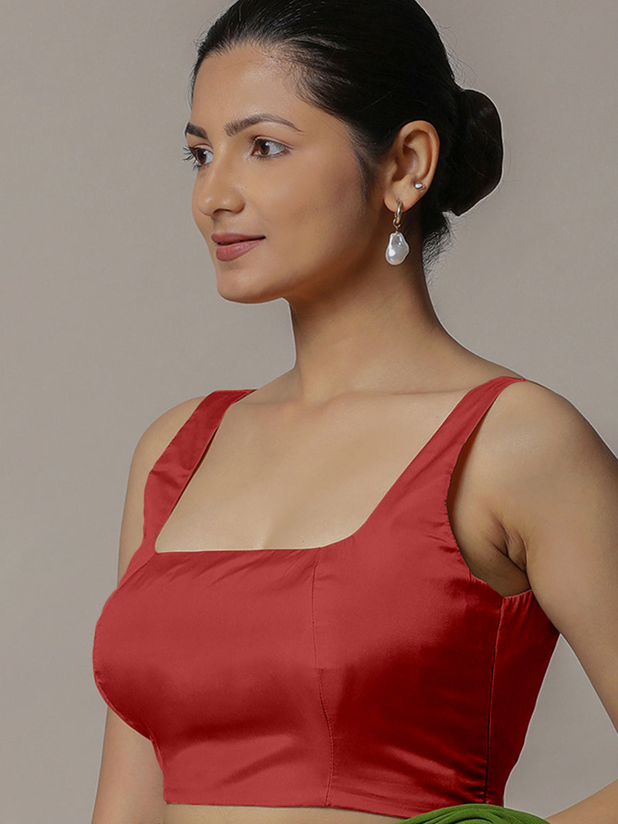 Zeba x Rozaana Saree Blouse, in Red Vegan Silk, featuring sleeveless and square neckline, made for party & festive (view 5).