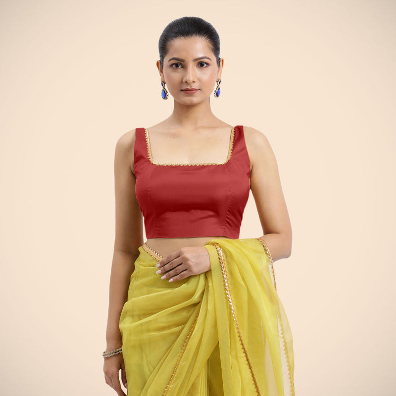 Zeba x Tyohaar | Crimson Red Sleeveless FlexiFit™ Saree Blouse with Square Neck with Golden Gota Lace and Deep Back-Binks