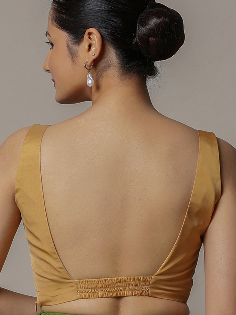 Zeba x Rozaana Saree Blouse, in Gold Vegan Silk, featuring sleeveless and square neckline, made for party & festive (view 2).