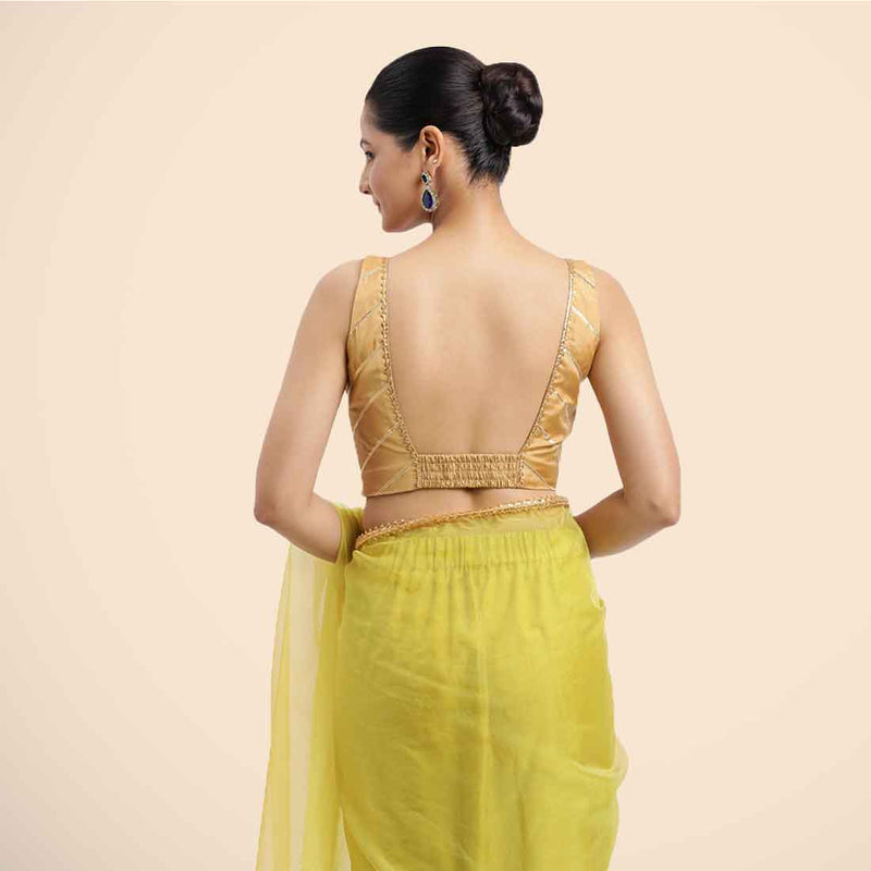 Zeba x Tyohaar | Gold Sleeveless FlexiFit™ Saree Blouse with Square Neck with Golden Gota Lace and Deep Back-Binks