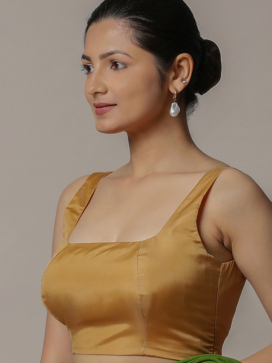 Zeba x Rozaana Saree Blouse, in Gold Vegan Silk, featuring sleeveless and square neckline, made for party & festive (view 5).