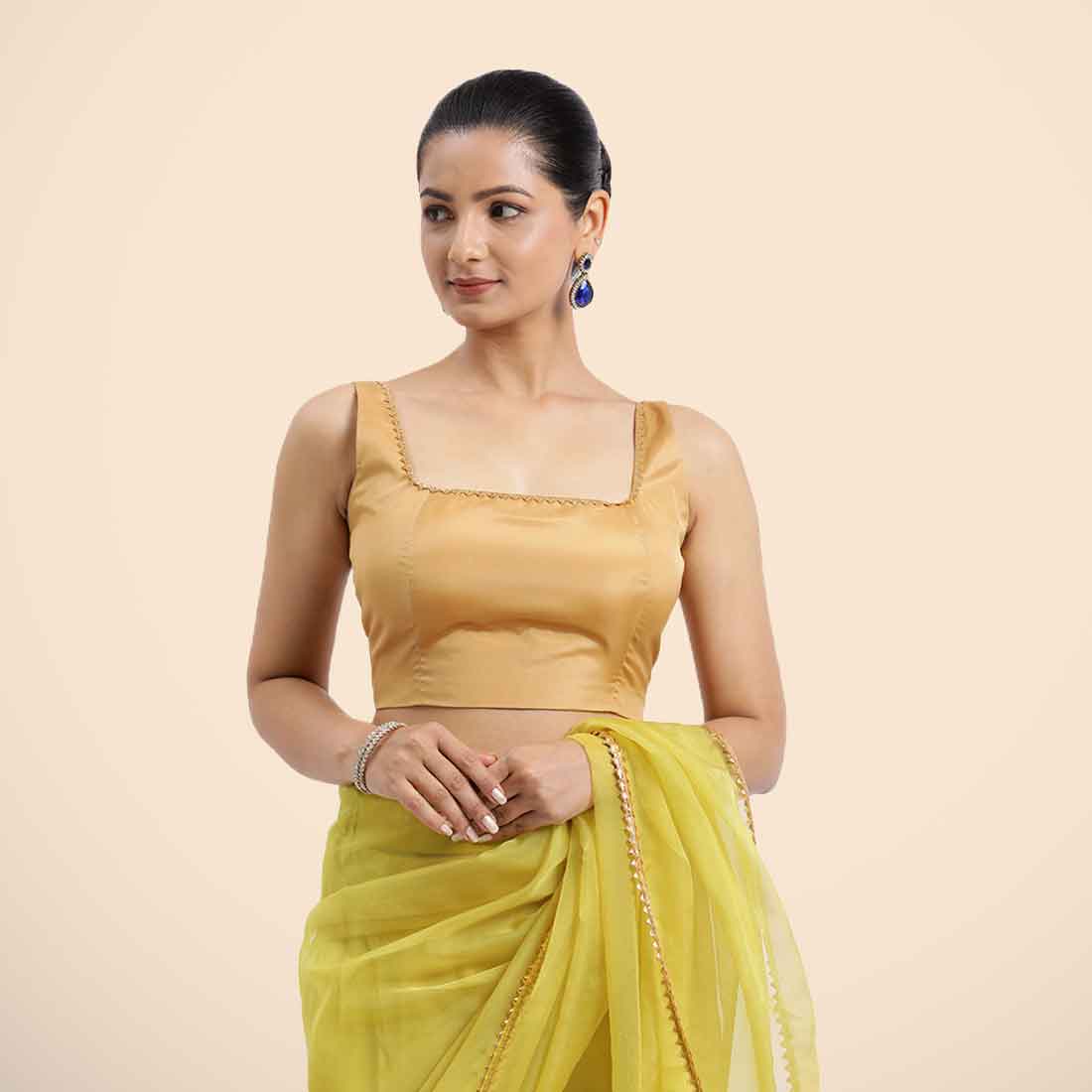 Zeba x Tyohaar Saree Blouse, in Gold Vegan Silk, featuring sleeveless and square neckline, made for party & festive (view 6).