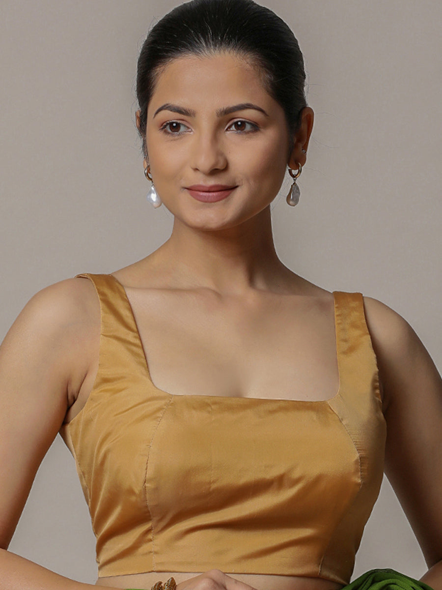 Zeba x Rozaana Saree Blouse, in Gold Vegan Silk, featuring sleeveless and square neckline, made for party & festive (view 7).