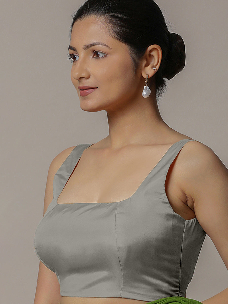 Zeba x Rozaana Saree Blouse, in Grey Vegan Silk, featuring sleeveless and square neckline, made for party & festive (view 5).