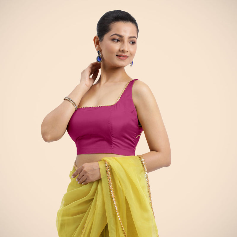 Zeba x Tyohaar | Sleeveless Hot Pink FlexiFit™ Gota Embellished Saree Blouse with Square Neck-Binks