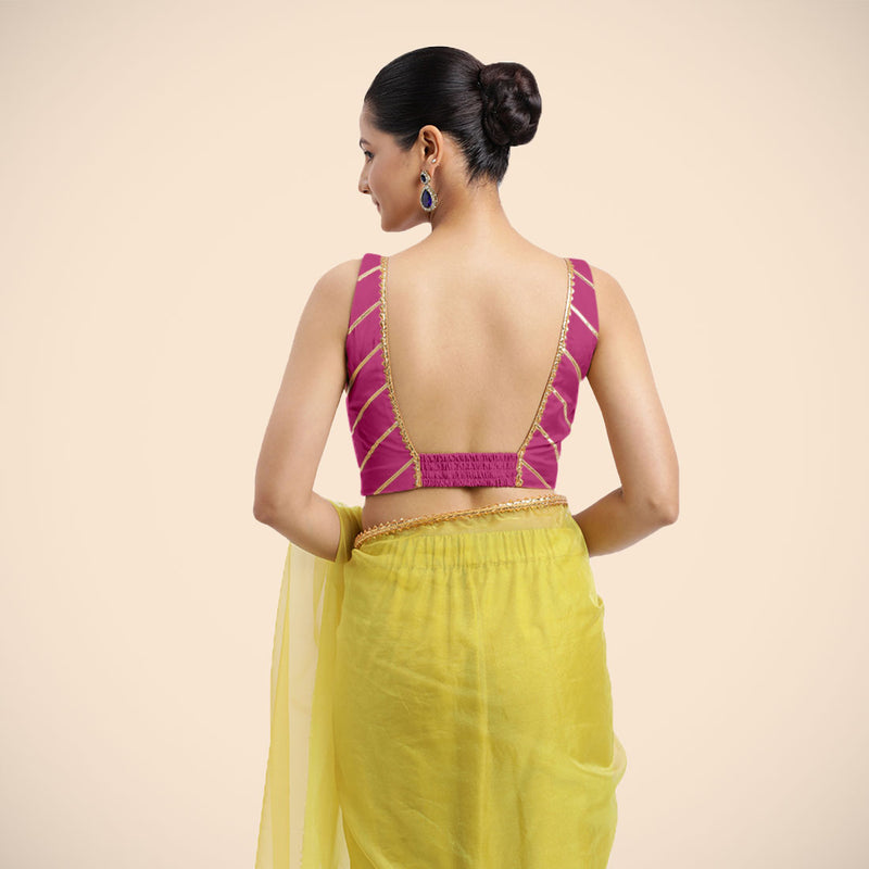 Zeba x Tyohaar | Sleeveless Hot Pink FlexiFit™ Gota Embellished Saree Blouse with Square Neck-Binks