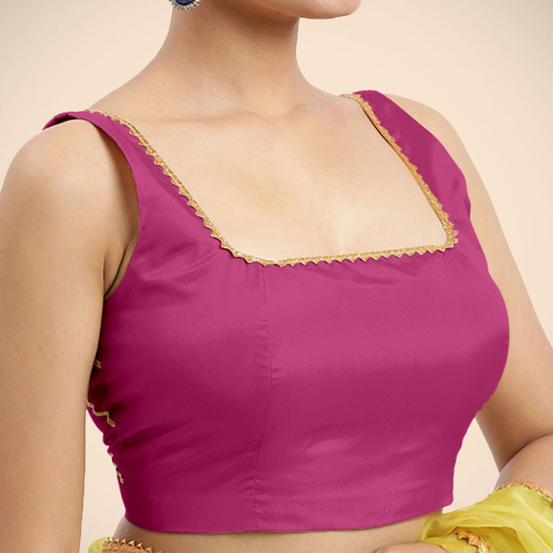 Zeba x Tyohaar | Sleeveless Hot Pink FlexiFit™ Gota Embellished Saree Blouse with Square Neck-Binks