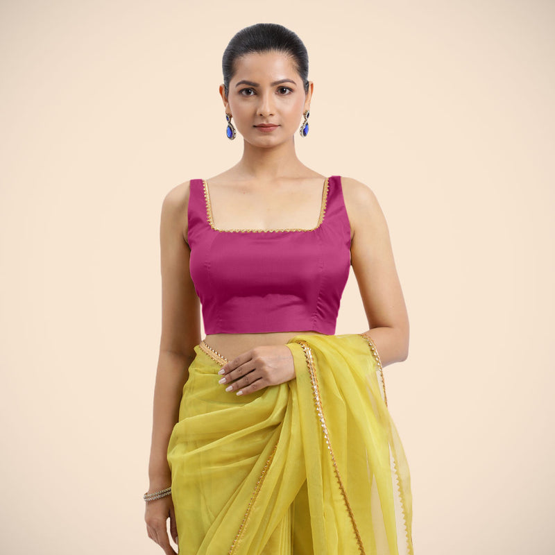 Zeba x Tyohaar | Sleeveless Hot Pink FlexiFit™ Gota Embellished Saree Blouse with Square Neck-Binks