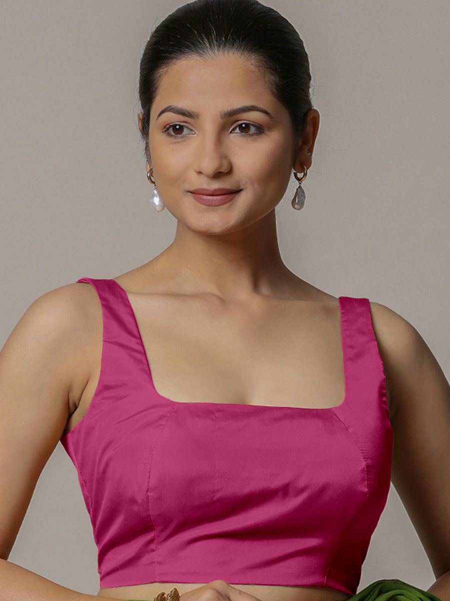 Zeba x Rozaana Saree Blouse, in Pink Artificial Silk, featuring sleeveless and square neckline, made for party & festive.