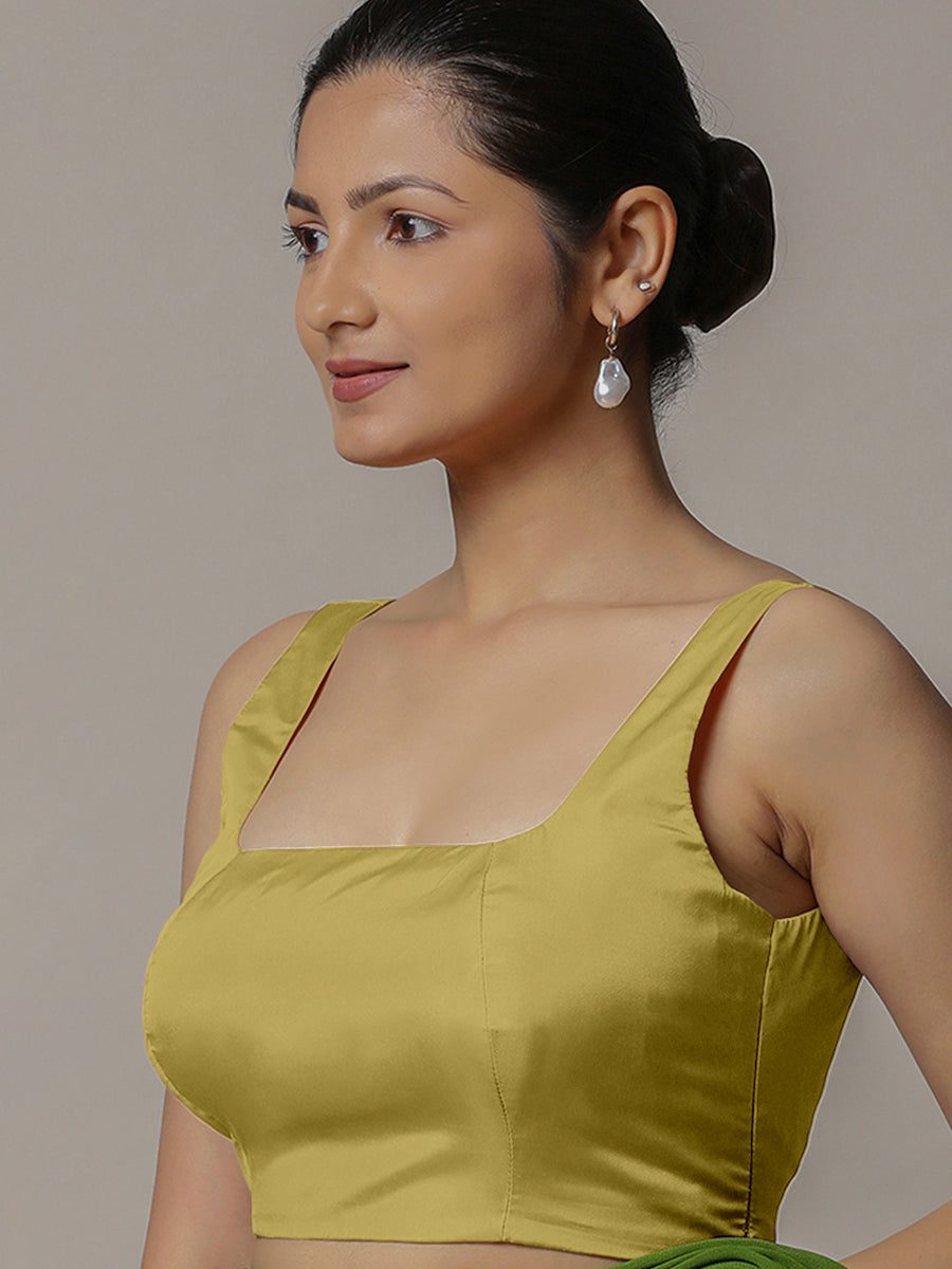 Zeba x Rozaana Saree Blouse, in Yellow Vegan Silk, featuring sleeveless and square neckline, made for party & festive.