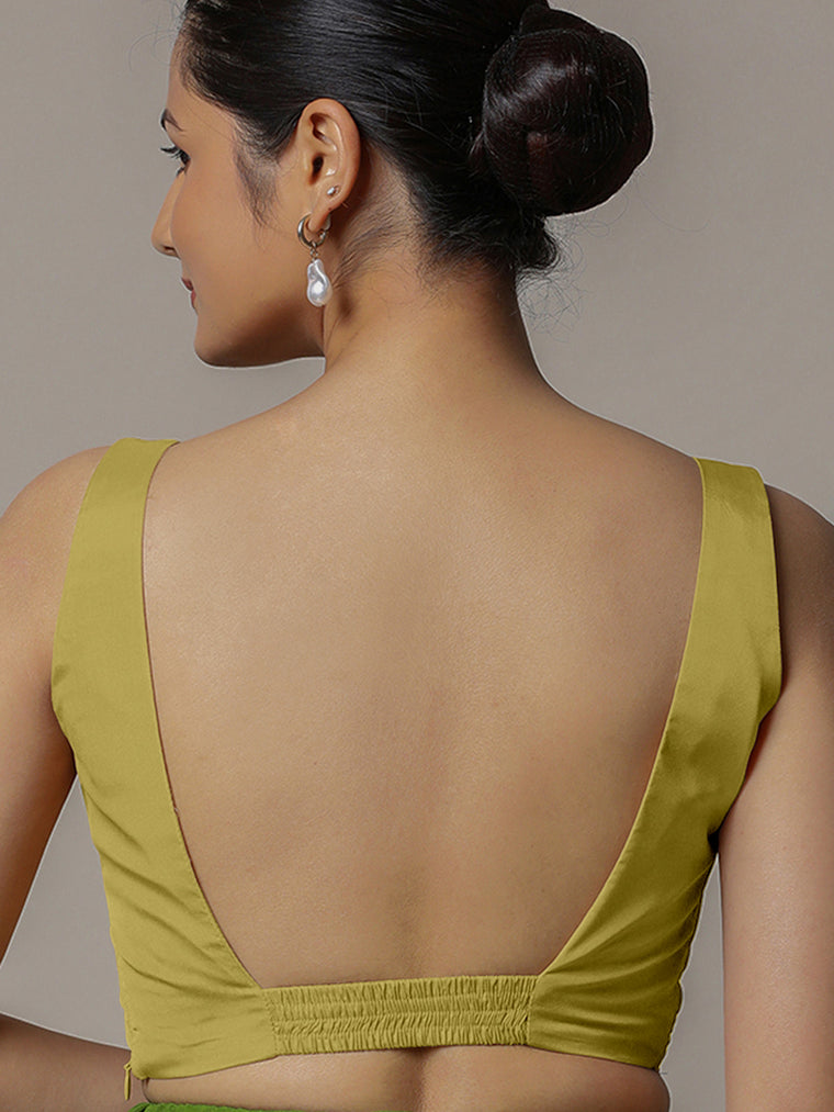 Zeba x Rozaana Saree Blouse, in Yellow Vegan Silk, featuring sleeveless and square neckline, made for party & festive (view 2).