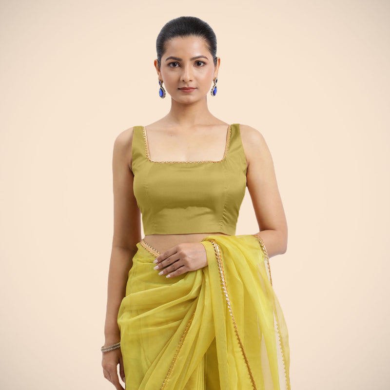 Zeba x Tyohaar | Lemon Yellow Sleeveless FlexiFit™ Saree Blouse with Square Neck with Golden Gota Lace and Deep Back-Binks