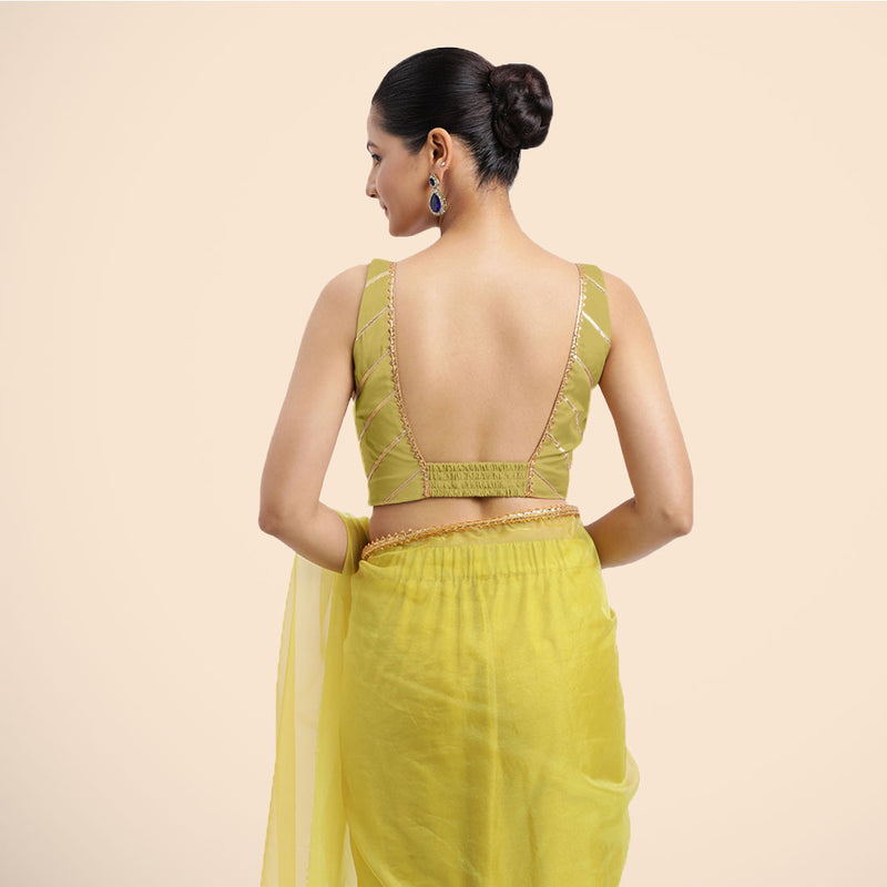 Zeba x Tyohaar | Lemon Yellow Sleeveless FlexiFit™ Saree Blouse with Square Neck with Golden Gota Lace and Deep Back-Binks