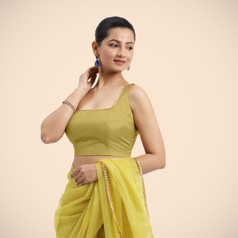 Zeba x Tyohaar | Lemon Yellow Sleeveless FlexiFit™ Saree Blouse with Square Neck with Golden Gota Lace and Deep Back-Binks