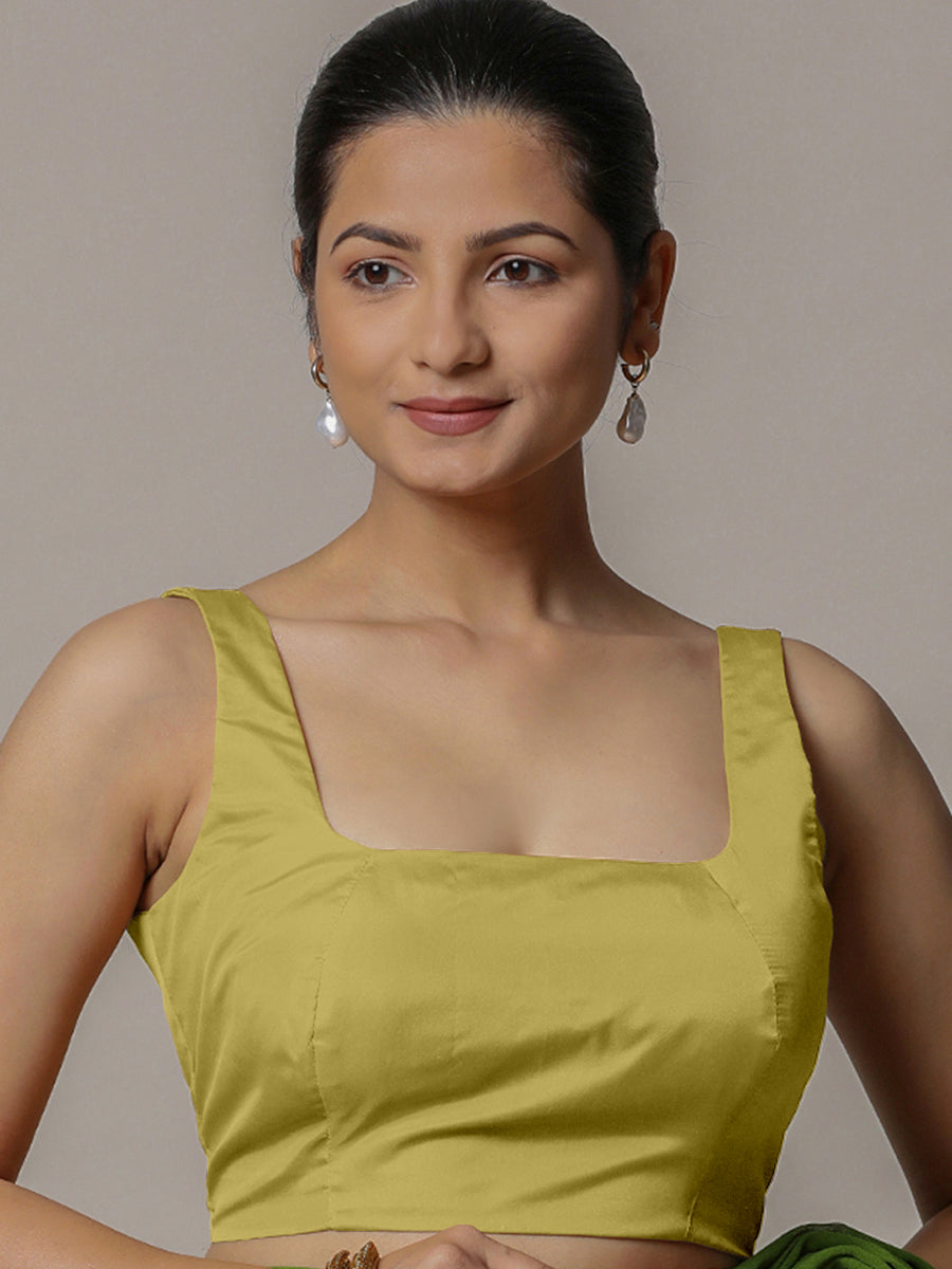 Zeba x Rozaana Saree Blouse, in Yellow Vegan Silk, featuring sleeveless and square neckline, made for party & festive (view 7).