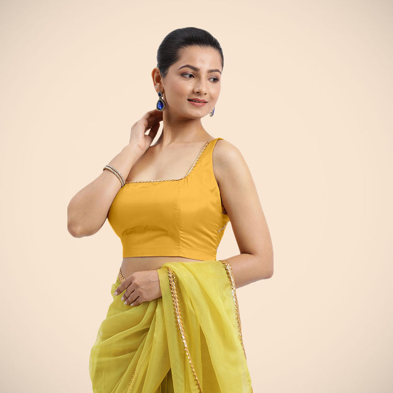 Zeba x Tyohaar | Sleeveless Marigold Yellow FlexiFit™ Gota Embellished Saree Blouse with Square Neck-Binks