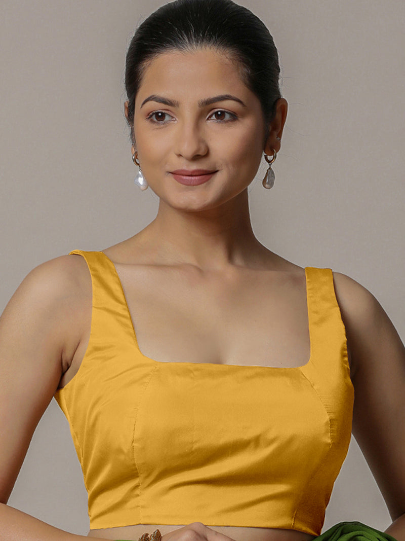 Zeba x Rozaana | Sleeveless Marigold Yellow FlexiFit™ Saree Blouse with Square Neck-Binks
