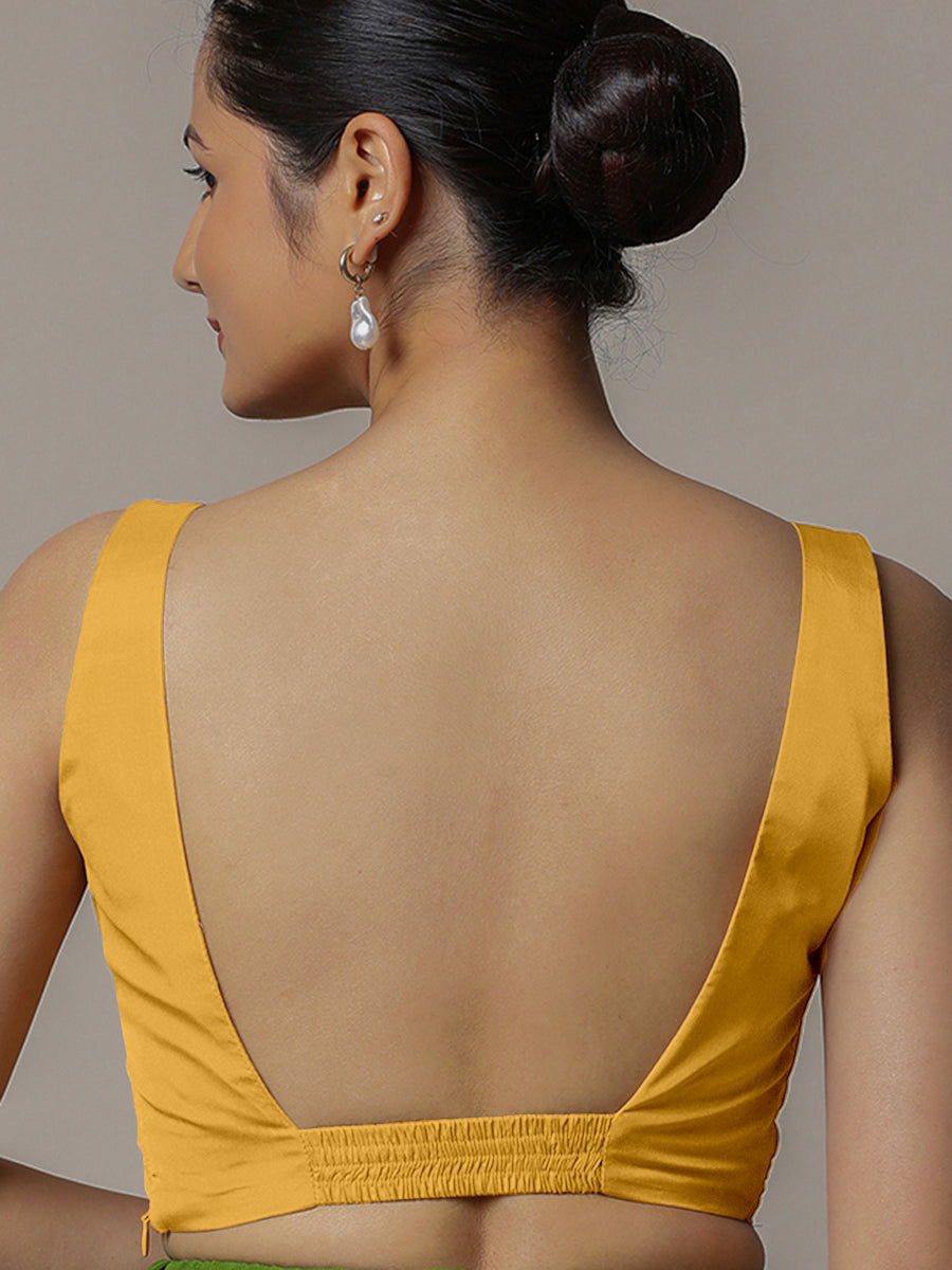 Zeba x Rozaana Saree Blouse, in Yellow Artificial Silk, featuring sleeveless and square neckline, made for party & festive.
