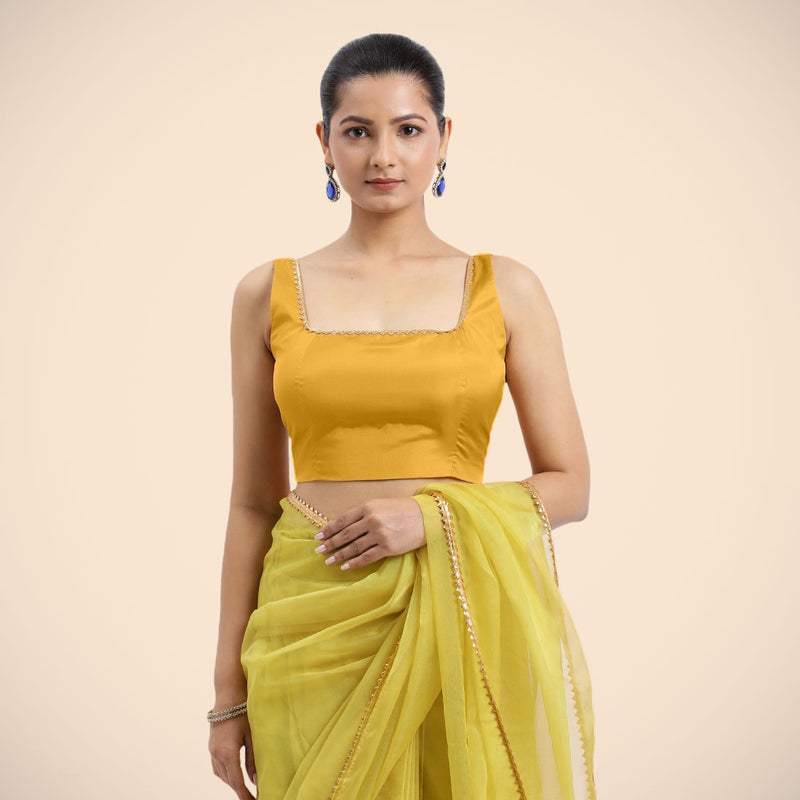 Zeba x Tyohaar | Sleeveless Marigold Yellow FlexiFit™ Gota Embellished Saree Blouse with Square Neck-Binks