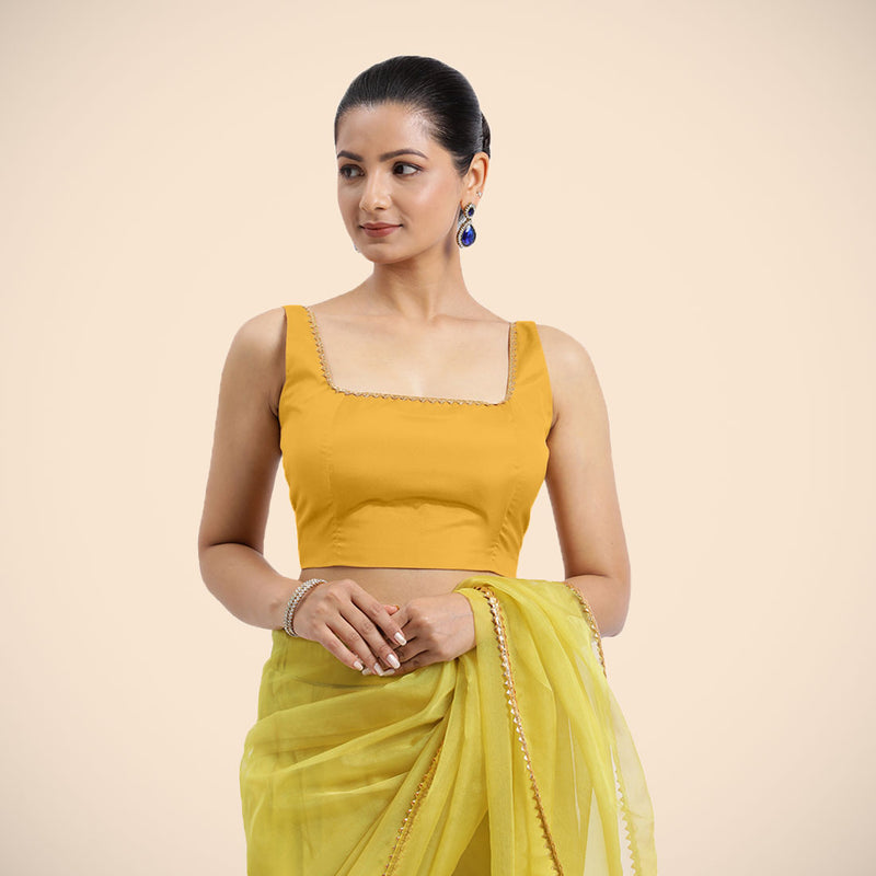 Zeba x Tyohaar | Sleeveless Marigold Yellow FlexiFit™ Gota Embellished Saree Blouse with Square Neck-Binks