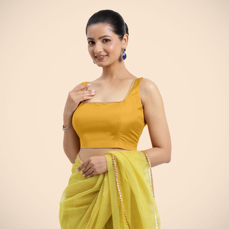 Zeba x Tyohaar | Sleeveless Marigold Yellow FlexiFit™ Gota Embellished Saree Blouse with Square Neck-Binks