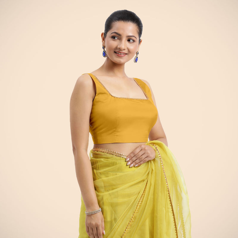 Zeba x Tyohaar | Sleeveless Marigold Yellow FlexiFit™ Gota Embellished Saree Blouse with Square Neck-Binks