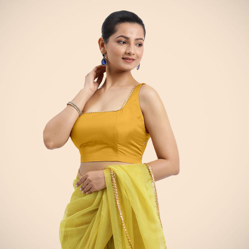 Zeba x Tyohaar | Sleeveless Marigold Yellow FlexiFit™ Gota Embellished Saree Blouse with Square Neck-Binks
