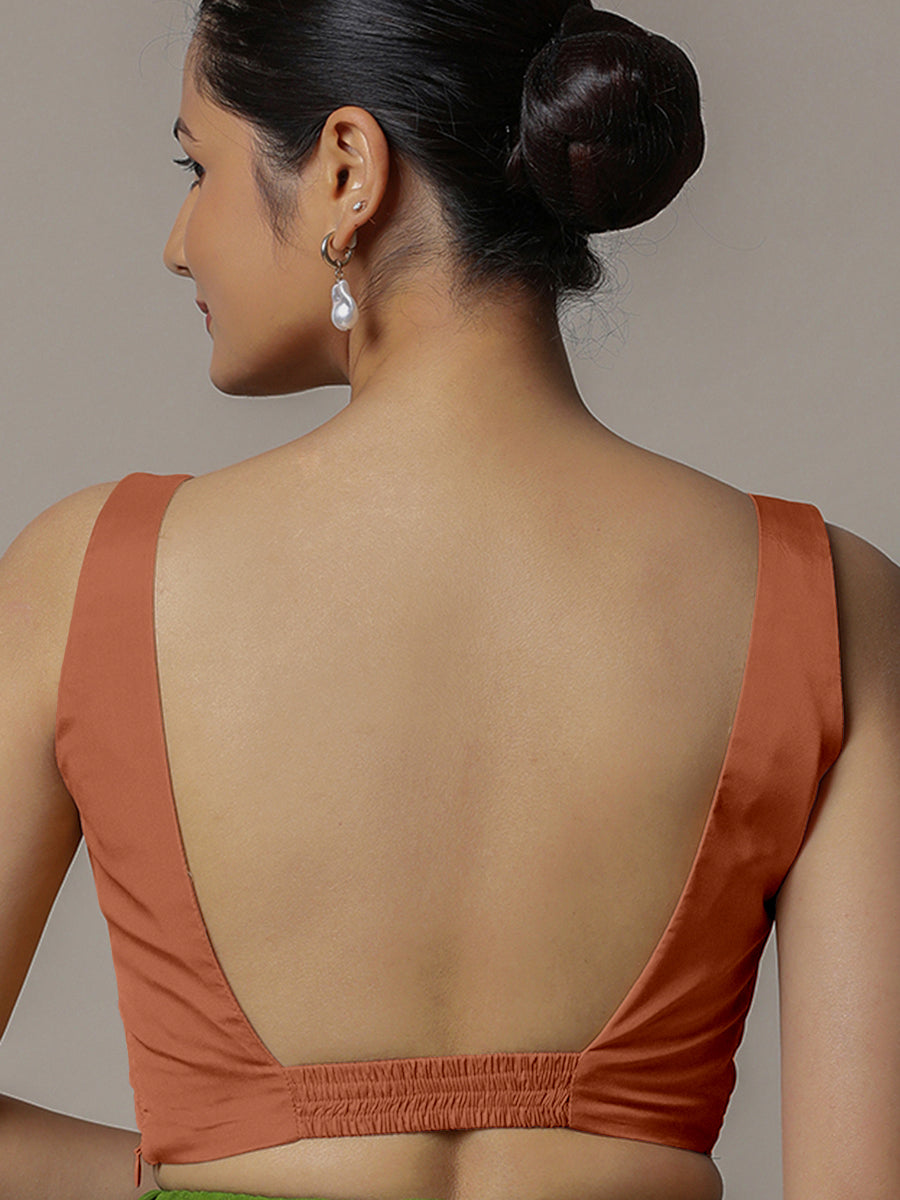 Zeba x Rozaana Saree Blouse, in Copper Vegan Silk, featuring sleeveless and square neckline, made for party & festive (view 2).