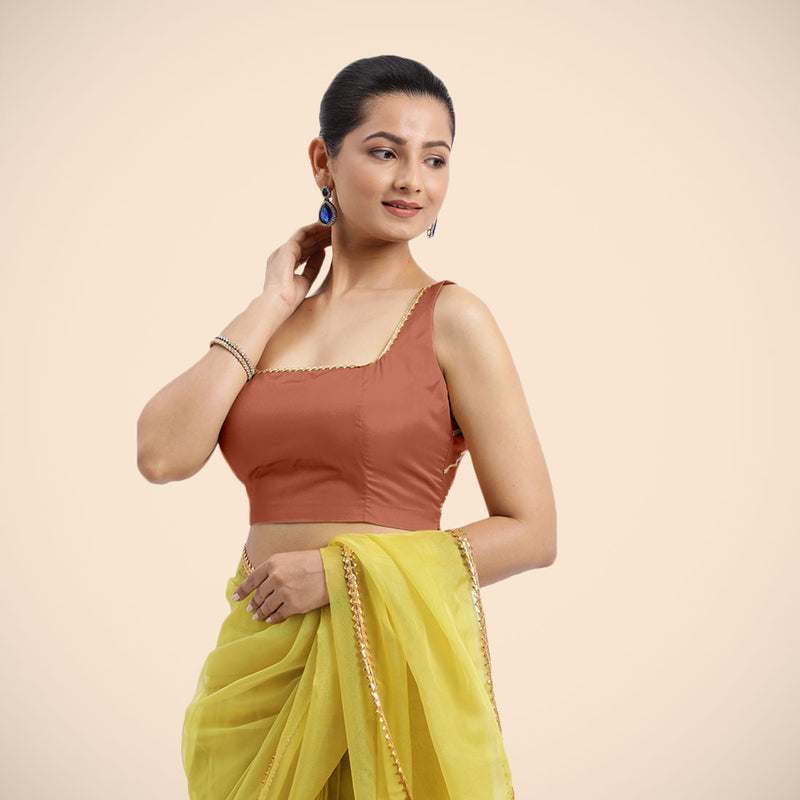 Zeba x Tyohaar | Metallic Copper Sleeveless FlexiFit™ Saree Blouse with Square Neck with Golden Gota Lace and Deep Back-Binks