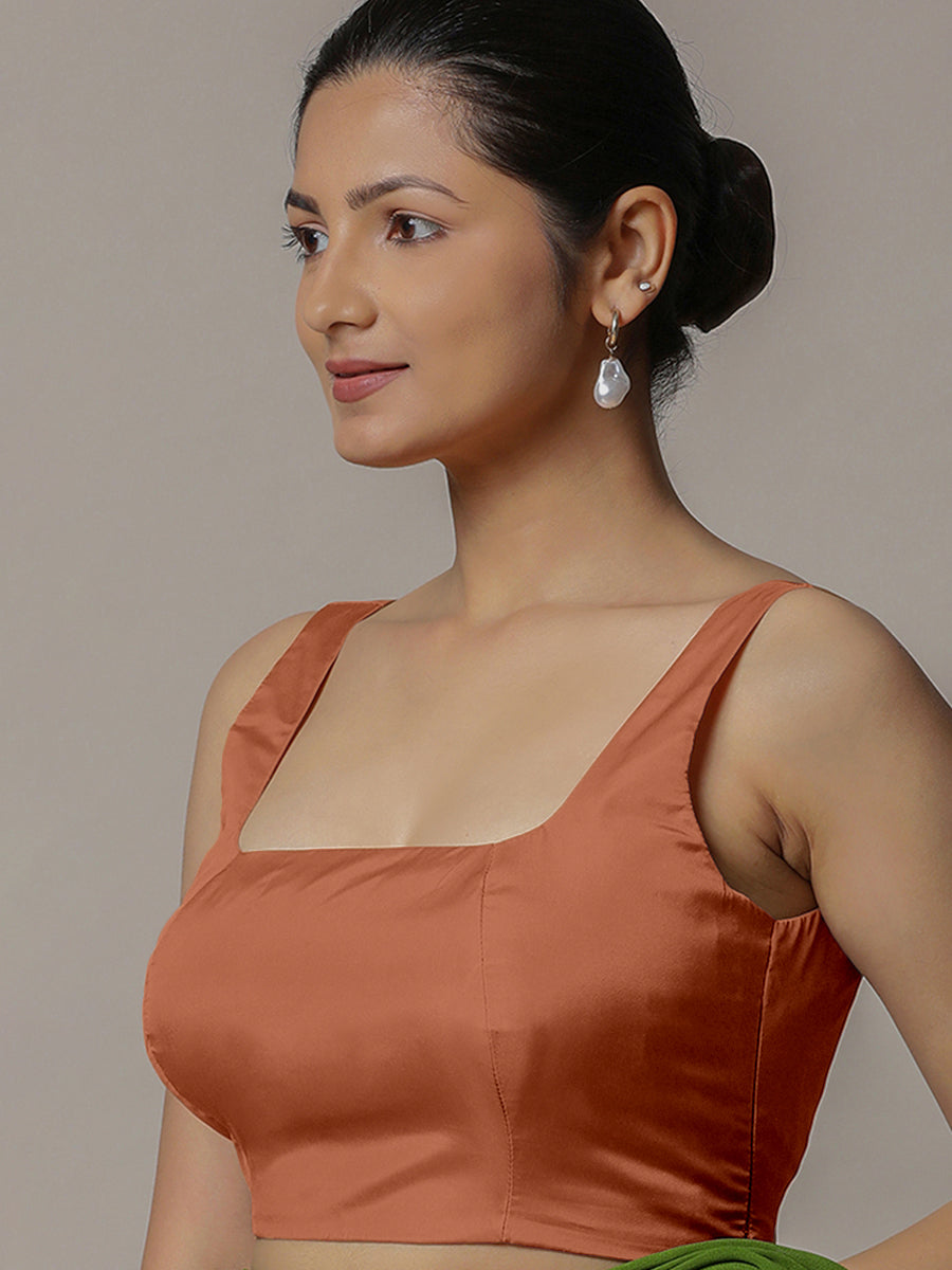 Zeba x Rozaana Saree Blouse, in Copper Vegan Silk, featuring sleeveless and square neckline, made for party & festive (view 5).
