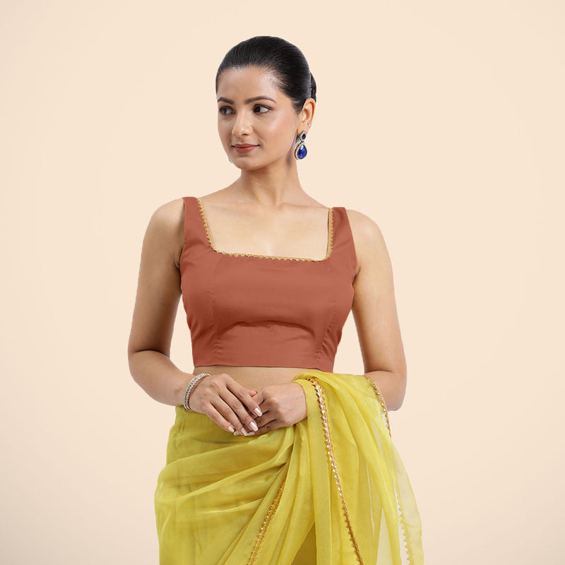 Zeba x Tyohaar | Metallic Copper Sleeveless FlexiFit™ Saree Blouse with Square Neck with Golden Gota Lace and Deep Back-Binks