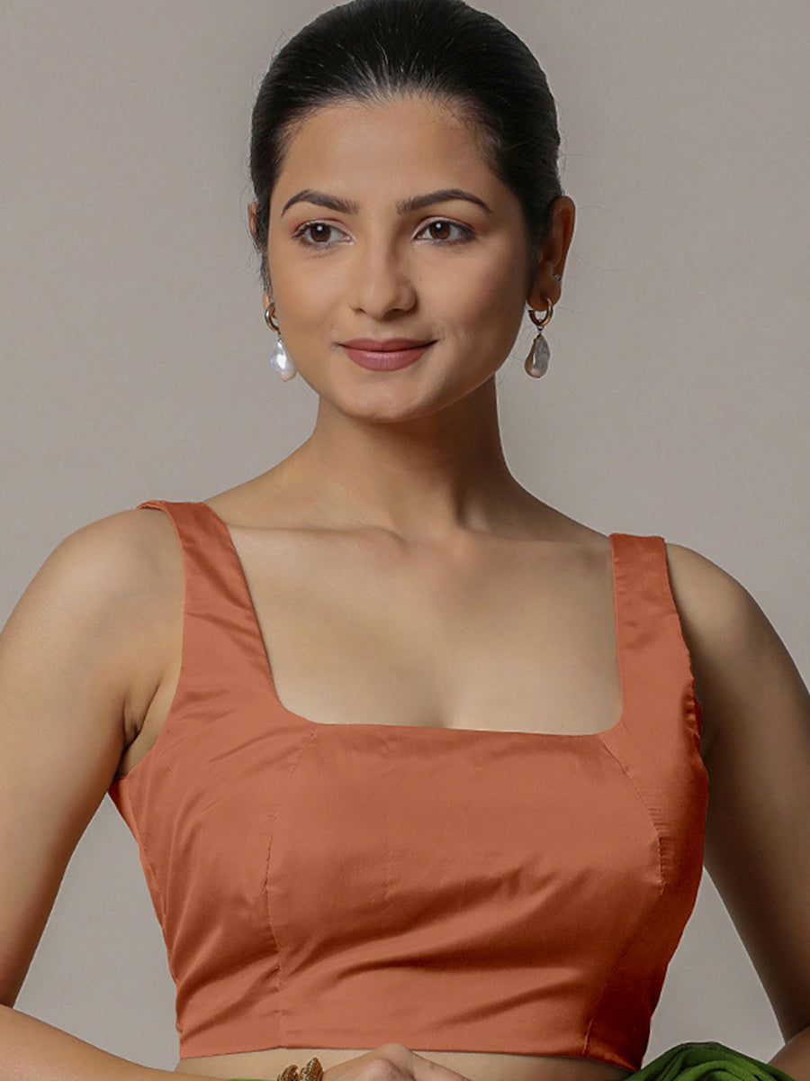 Zeba x Rozaana Saree Blouse, in Copper Vegan Silk, featuring sleeveless and square neckline, made for party & festive (view 7).