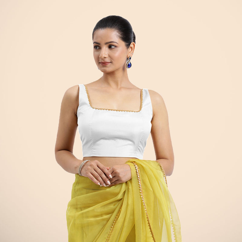 Zeba x Tyohaar | Pearl White Sleeveless FlexiFit™ Saree Blouse with Square Neck with Golden Gota Lace and Deep Back-Binks