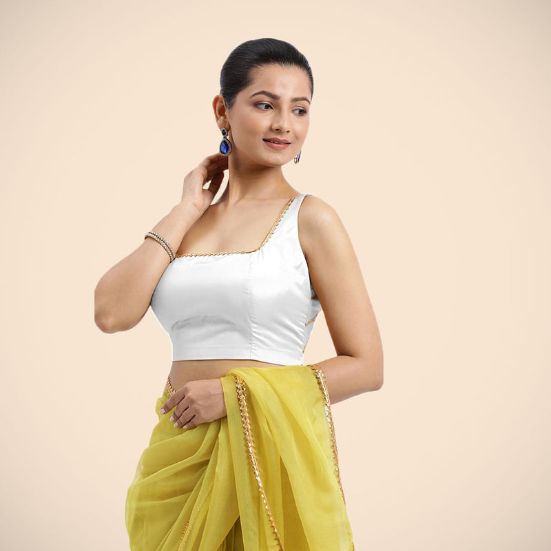 Zeba x Tyohaar | Pearl White Sleeveless FlexiFit™ Saree Blouse with Square Neck with Golden Gota Lace and Deep Back-Binks