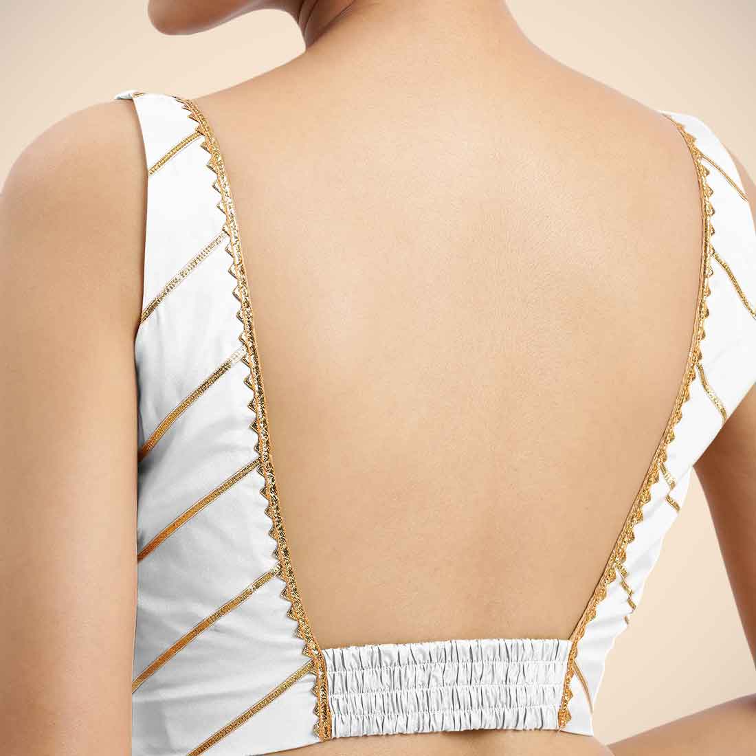 Zeba x Tyohaar Saree Blouse, in White Vegan Silk, featuring sleeveless and square neckline, made for party & festive (view 3).