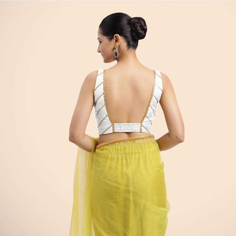Zeba x Tyohaar | Pearl White Sleeveless FlexiFit™ Saree Blouse with Square Neck with Golden Gota Lace and Deep Back-Binks
