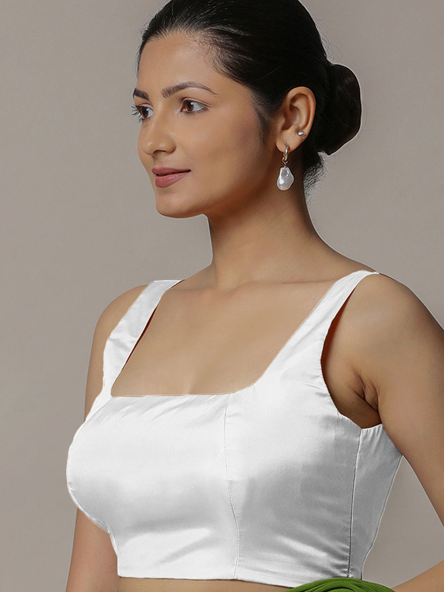 Zeba x Rozaana Saree Blouse, in White Vegan Silk, featuring sleeveless and square neckline, made for party & festive (view 5).