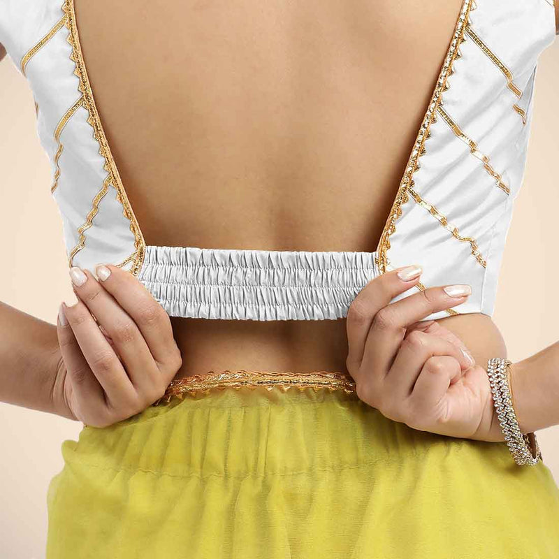 Zeba x Tyohaar | Pearl White Sleeveless FlexiFit™ Saree Blouse with Square Neck with Golden Gota Lace and Deep Back-Binks