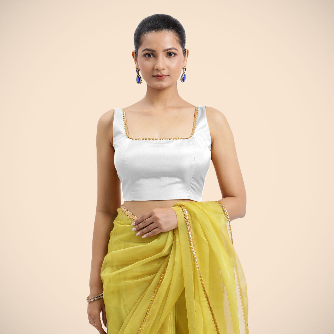 Zeba x Tyohaar Saree Blouse, in White Vegan Silk, featuring sleeveless and square neckline, made for party & festive (view 6).