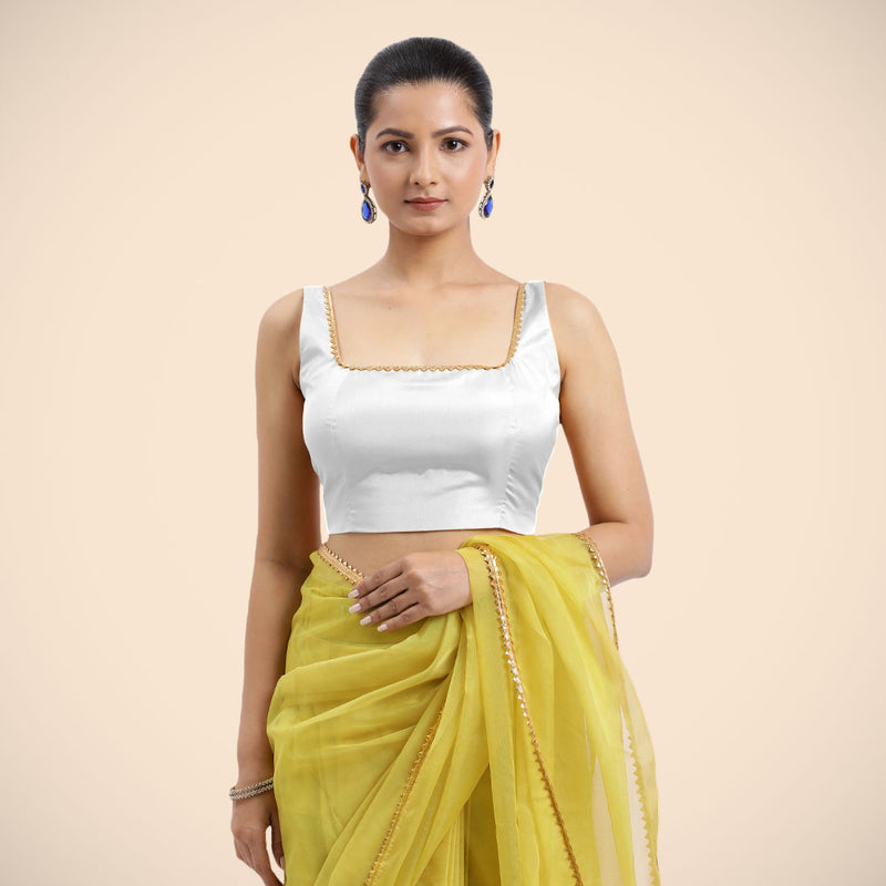 Zeba x Tyohaar | Pearl White Sleeveless FlexiFit™ Saree Blouse with Square Neck with Golden Gota Lace and Deep Back-Binks