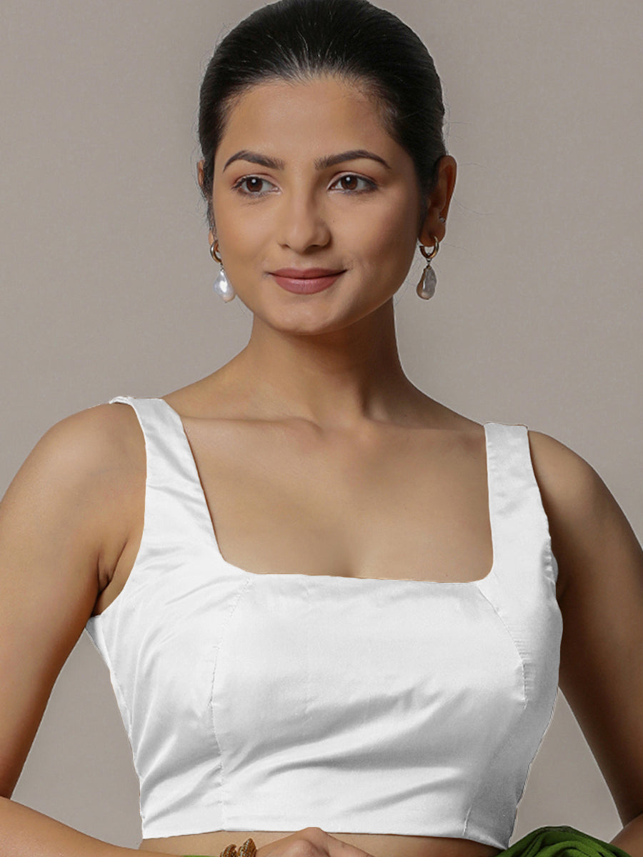 Zeba x Rozaana Saree Blouse, in White Vegan Silk, featuring sleeveless and square neckline, made for party & festive (view 7).
