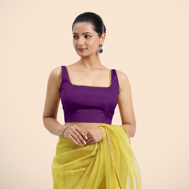 Zeba x Tyohaar | Purple Sleeveless FlexiFit™ Saree Blouse with Square Neck with Golden Gota Lace and Deep Back-Binks