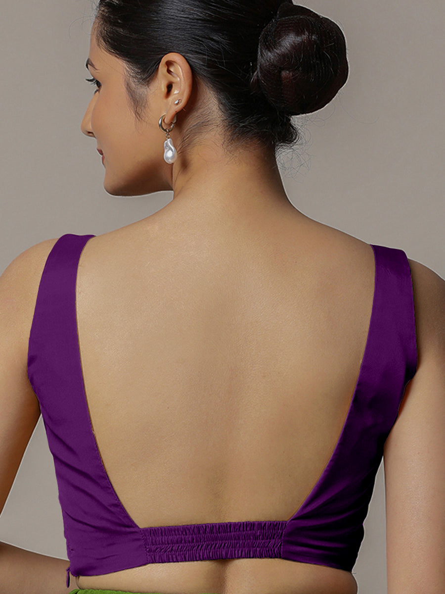 Zeba x Rozaana Saree Blouse, in Purple Vegan Silk, featuring sleeveless and square neckline, made for party & festive (view 2).
