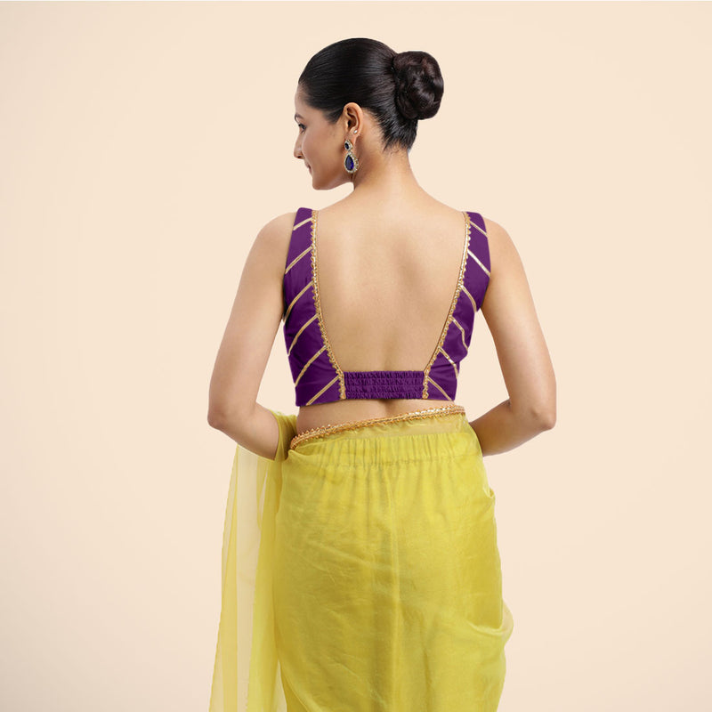 Zeba x Tyohaar | Purple Sleeveless FlexiFit™ Saree Blouse with Square Neck with Golden Gota Lace and Deep Back-Binks