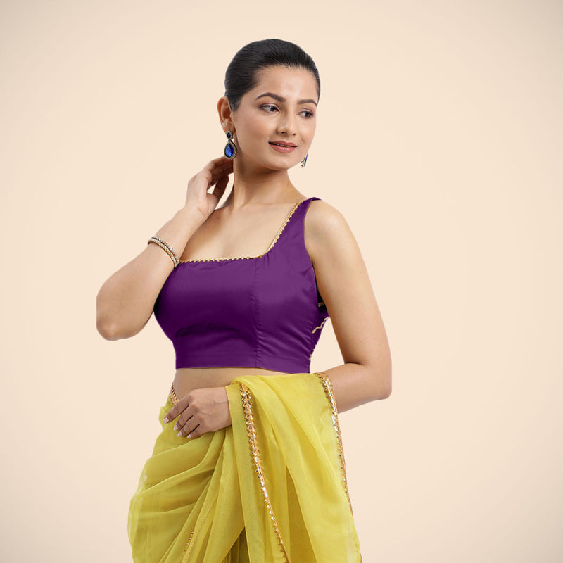 Zeba x Tyohaar | Purple Sleeveless FlexiFit™ Saree Blouse with Square Neck with Golden Gota Lace and Deep Back-Binks
