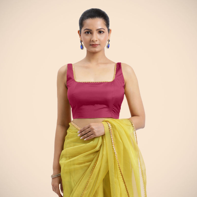 Zeba x Tyohaar | Rani Pink Sleeveless FlexiFit™ Saree Blouse with Square Neck with Golden Gota Lace and Deep Back-Binks