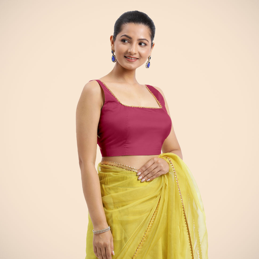 Zeba x Tyohaar Saree Blouse, in Pink Vegan Silk, featuring sleeveless and square neckline, made for party & festive.